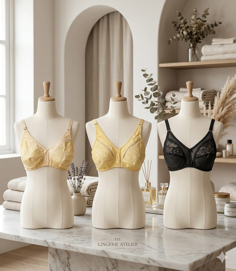 Pack of 3 Lace Cotton Net Bralettes – Wire-Free Soft Cup Bra Set for Women | Nude, Butter Yellow & Classic Black