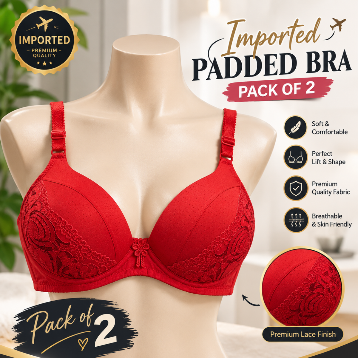 Premium Imported Padded Bra – Soft Comfort & Supportive Fit | Pack of 2 | Multiple Colors