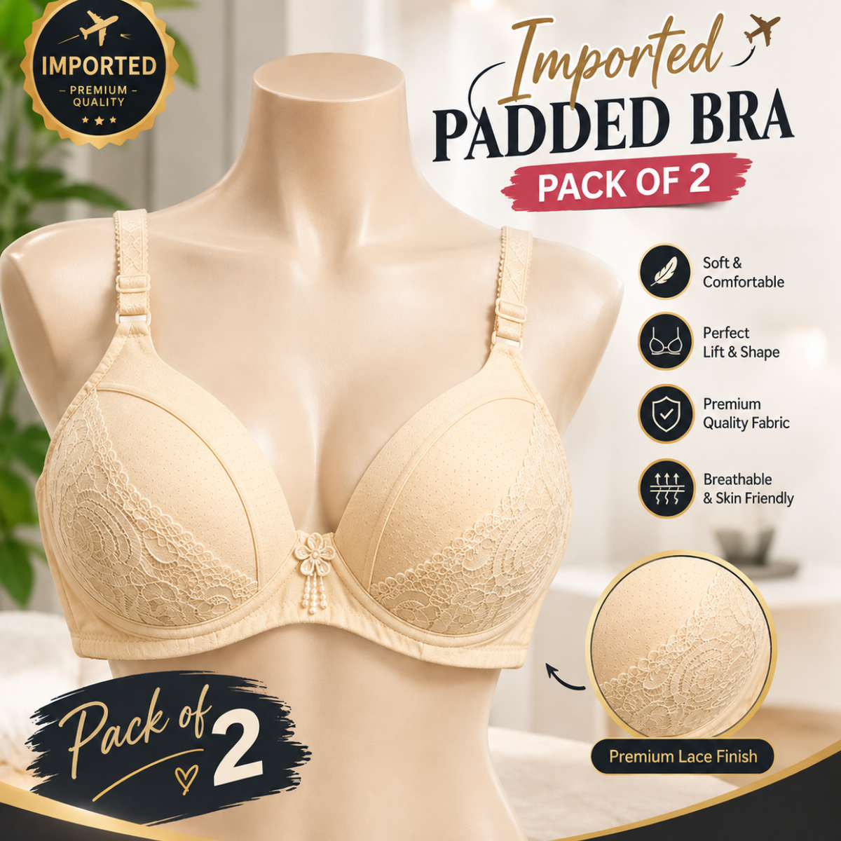 Premium Imported Padded Bra – Soft Comfort & Supportive Fit | Pack of 2 | Multiple Colors