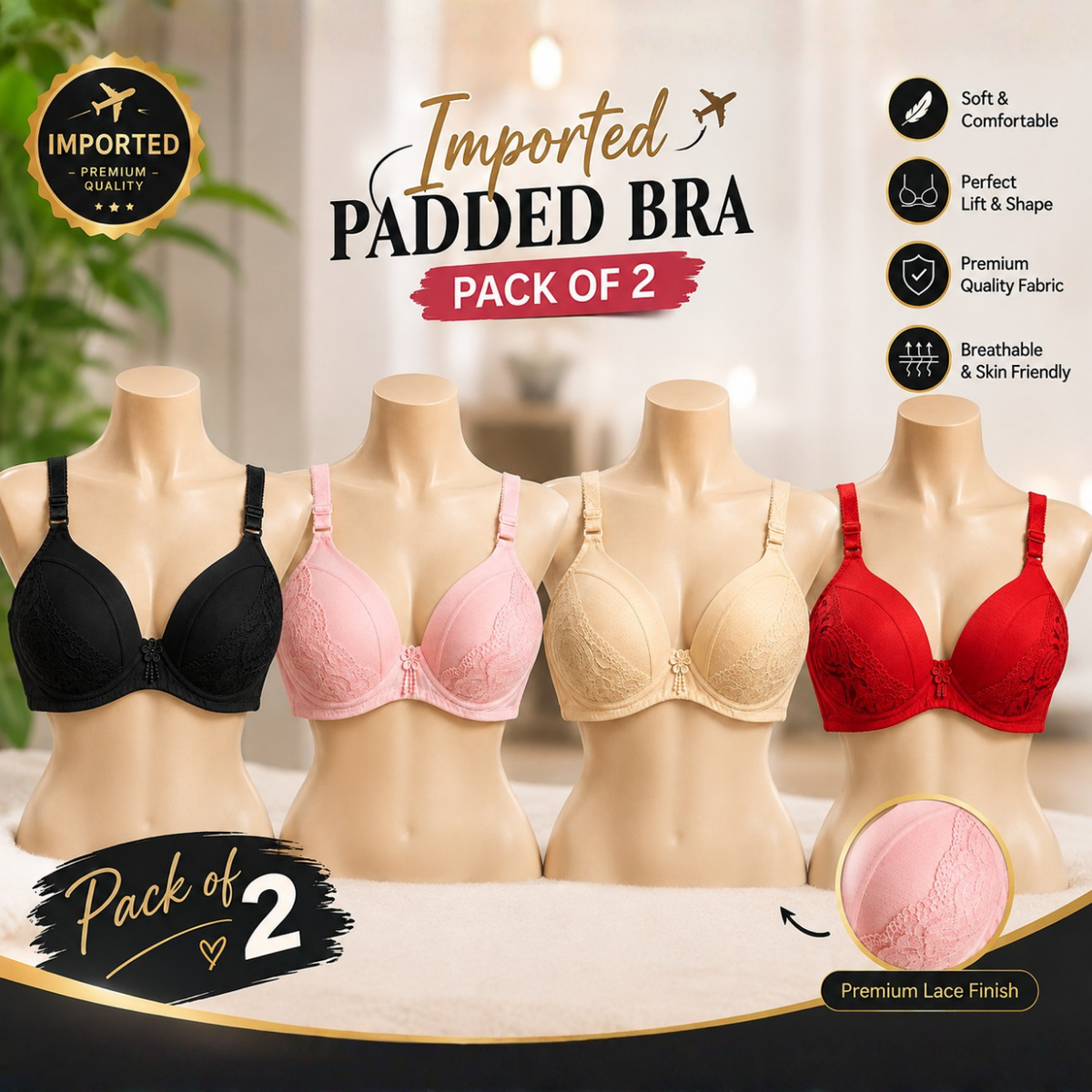 Premium Imported Padded Bra – Soft Comfort & Supportive Fit | Pack of 2 | Multiple Colors