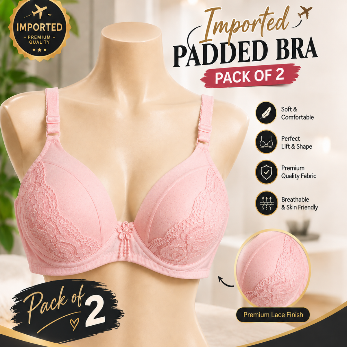 Premium Imported Padded Bra – Soft Comfort & Supportive Fit | Pack of 2 | Multiple Colors