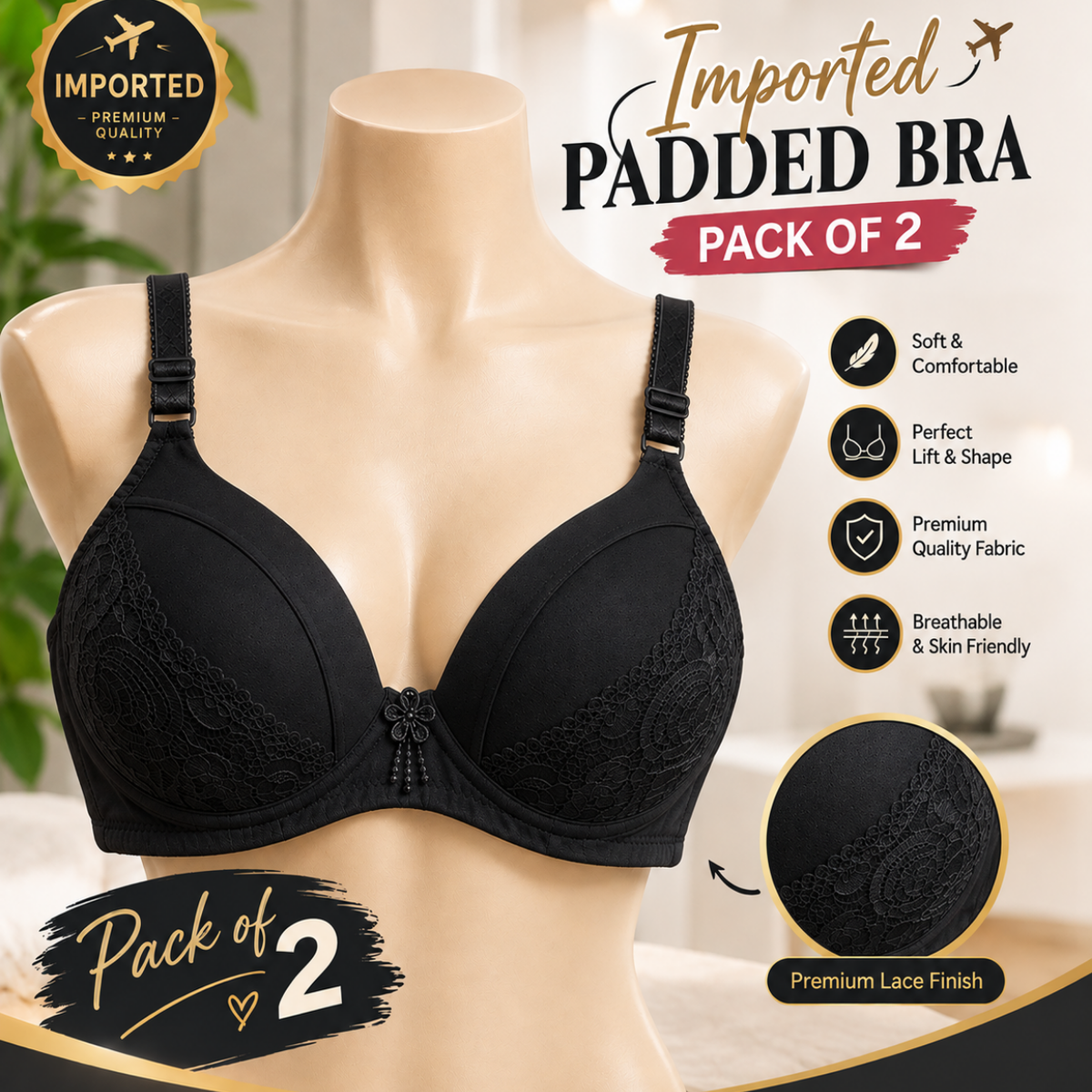Premium Imported Padded Bra – Soft Comfort & Supportive Fit | Pack of 2 | Multiple Colors